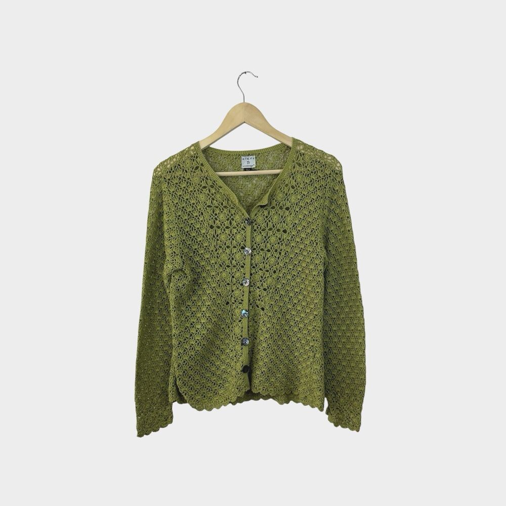 Clare By Icelandic Design Medium Green Crochet Sweater Cardigan Cotton Womens